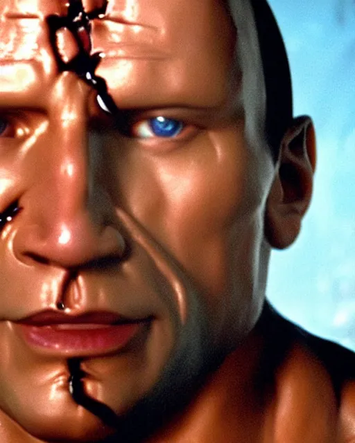 Prompt: Film still close-up shot of Dwayne Johnson as the T-1000 from the movie Terminator 2. Photographic, photography