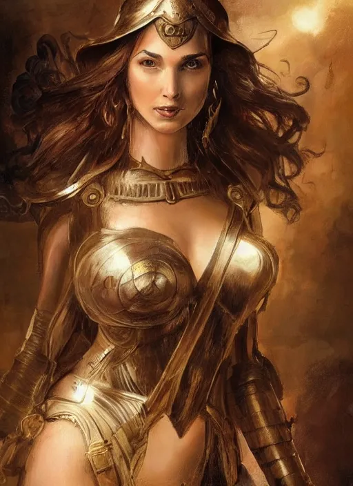 Image similar to highly detailed steampunk gal gadot as a blond standing, iron age : leonardo da vinci, greg rutkowski, magali villeneuve