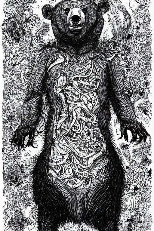 Prompt: black and white illustration, creative design, body horror, bear monster