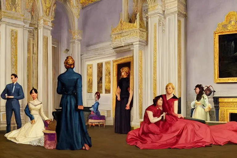 Image similar to a beautiful surreal portrait of a congregation of royal women. Detailed masterpiece. Intricate features. Edward Hopper, Martine Johanna, Roger Deakin’s cinematography, by J. C. Layendecker and Peter Paul Rubens