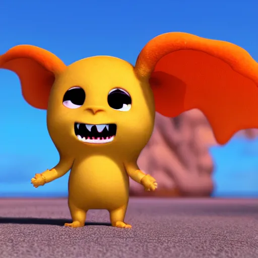 Image similar to final render made with blender of a cute yellow and orange kawaii baby demon with slow eyes and little fangs standing on a beach, by pixar and studio ghibli