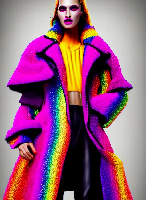 Image similar to coat for a rave, bright colors, many details, prints, photo for a magazine, photo for a store, fashion photography, Vogue, 135 mm, cinematic, hyper realism, high detail, 8k, chrome accents, perfect face