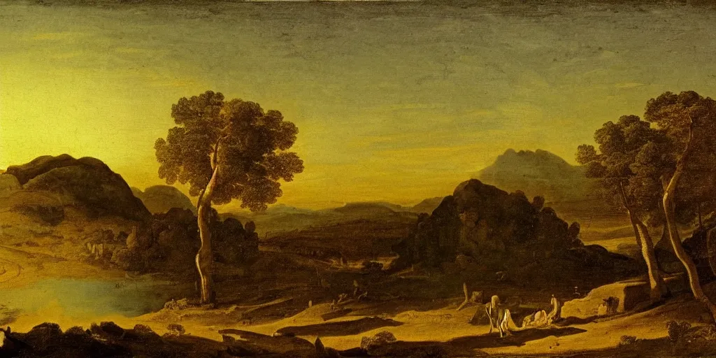 Image similar to where's wally at sunset in an exploding volcano seething, ethereal landscape, claude lorrain pastoral landscape