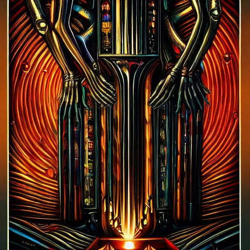 Image similar to beautiful painting of the lattice decopunk organ holding the conscience of God in the style of Welder Wings and H. R. Giger. Dark background, detailed, trending on Artstation