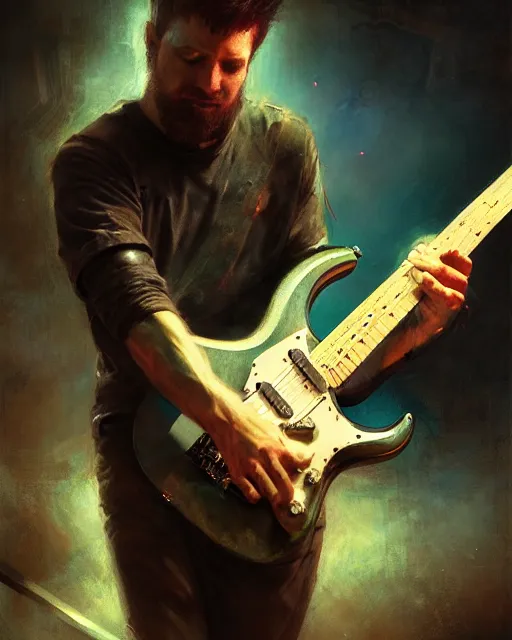 Prompt: a portrait of a ghost shredding an electric guitar by daniel gerhartz, by jon foster, detailed render, epic composition, cybernetics, 4 k realistic, cryengine, realistic shaded lighting, sharp focus, masterpiece, by enki bilal