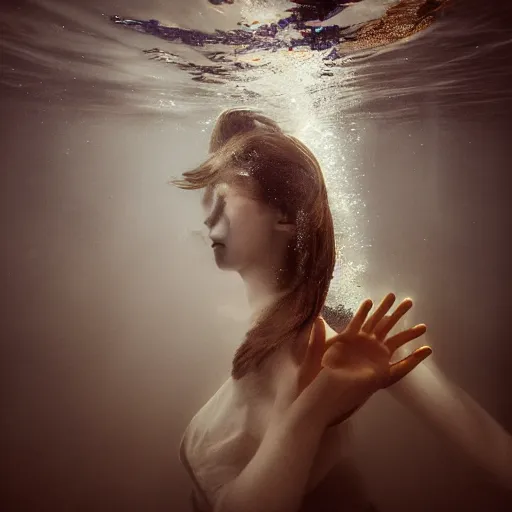 Image similar to A beautiful artistic underwater portrait by Zhang Jingna, volumetric lighting, golden light