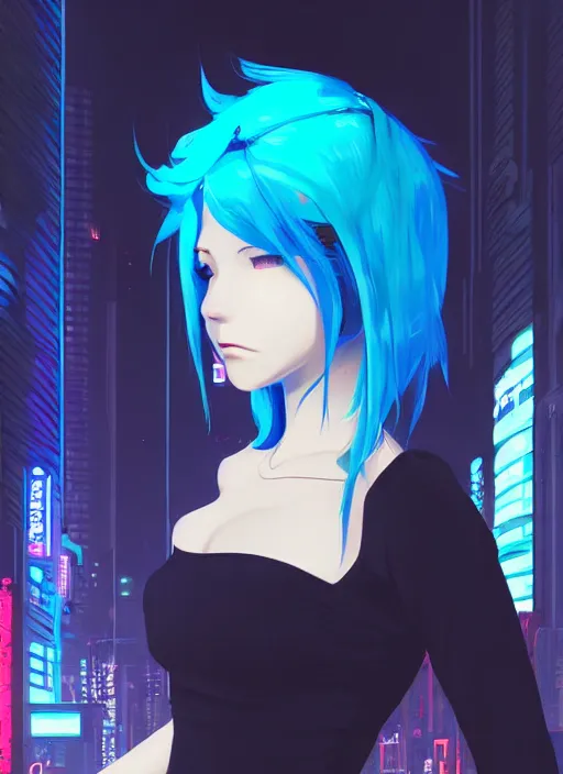 Prompt: hyper realistic photograph portrait of cyberpunk pretty girl with blue hair, wearing a tight black dress, in city street at night, by makoto shinkai, ilya kuvshinov, lois van baarle, rossdraws, basquiat