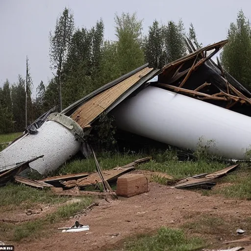 Prompt: a large funnel formed on the territory of the Russian village house in Russia as a result of a rocket hit