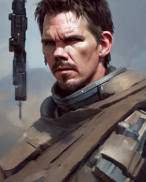 Prompt: painting portrait of Ethan Hawke dressed as commander in Star Wars, sharp focus, waist up, trending on ArtStation, masterpiece, by Greg Rutkowski, by Ross Tran, by Fenghua Zhong, octane, clear eyes, soft render, clear facial features, oil on canvas, moody lighting, cinematic, professional environment concept art