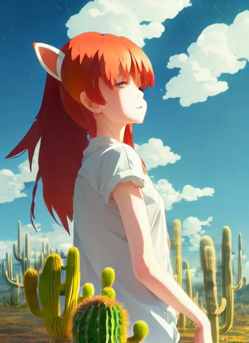 Image similar to portrait of cute redhead girl with fox ears, holding a cactus, cloudy sky background lush landscape illustration concept art anime key visual trending pixiv fanbox by wlop and greg rutkowski and makoto shinkai and studio ghibli