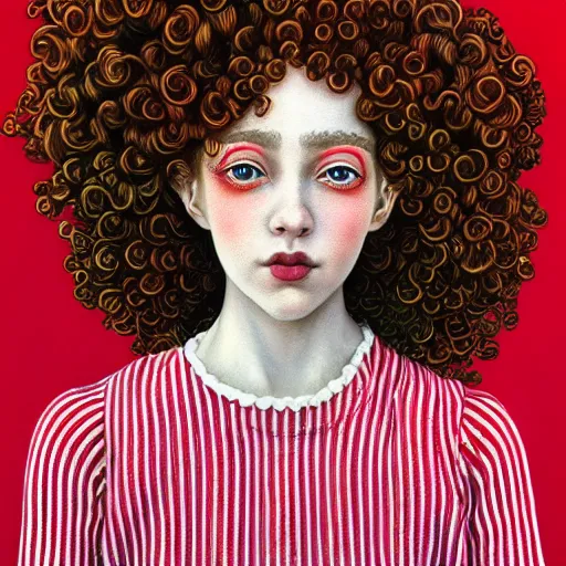 Image similar to red curly haired twins wearing striped clothes:: by Martine Johanna and Chie Yoshii and Casey Weldon:: ornate, dynamic, particulate, pastel colors, intricate, elegant, highly detailed, centered, artstation, smooth, sharp focus, octane render, 3d