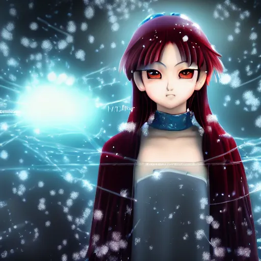 Prompt: photorealistic full shot of masterpiece anime girl, beautifull lovely eyes, posing, electric aura with particles, snowing frozen ice, darkness background, inspired by masami kurumada, akira toriyama, detailed, unreal engine 4 k, volumetric light, fog