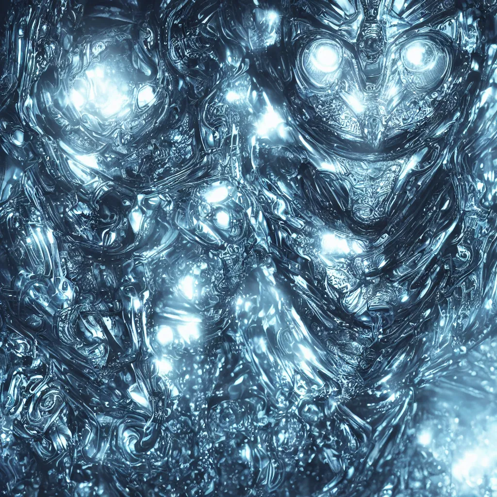 Image similar to an insanely detailed cibernetic artwork of a futuristic artificial intelligence superstar, extremely detailed water texture, centered image, perfectly symmetrical alien face, with frames made of detailed fractals, octane render, 4k, insanely detailed, detailed grid as background, photorealistic digital art, hyper realism, high detail, cgi
