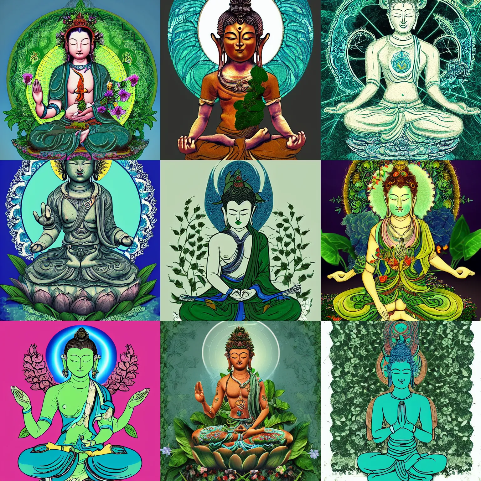 Prompt: peaceful content gardenpunk bodhisattva, praying meditating, greens and blues, intricate clothing, WLOP digital art artstation