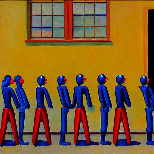 Image similar to robots queue up for daily inspection, grant wood, pj crook, edward hopper, oil on canvas