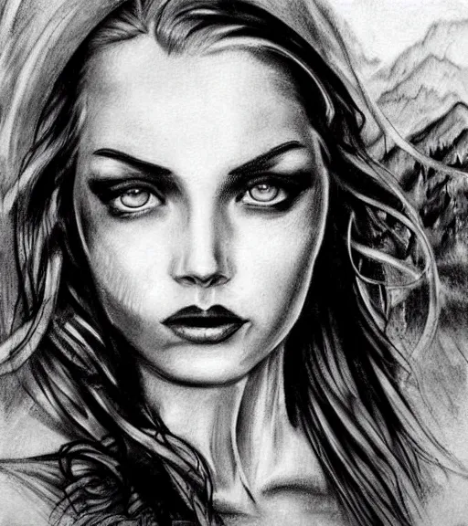 Image similar to tattoo design sketch of a beautiful blue - eyed woman face with a faded background of beautiful mountains and nature on her side, hyper - realistic, in the style of den yakovlev, amazing detail, black and white