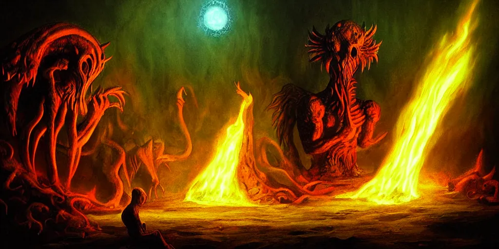 Image similar to mythical creatures and monsters at the mouth of hell, dramatic lighting glow from giant fire, in a dark surreal painting by ronny khalil