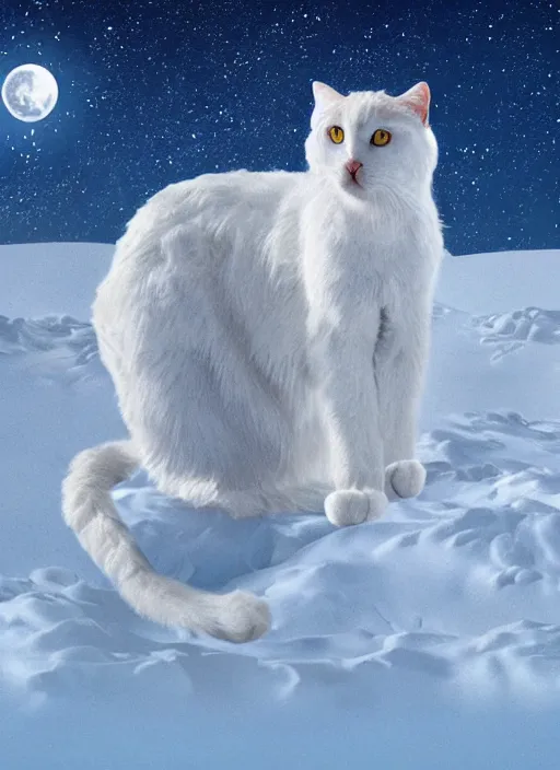 Image similar to giant white cat on a snowy mountain with lightning coming out of its paws, blue sky background with moon