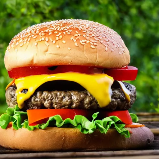 Prompt: a photo of a cheeseburger in a swamp