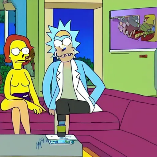 Image similar to Rick & Morty starring in the simpsons couch-gag