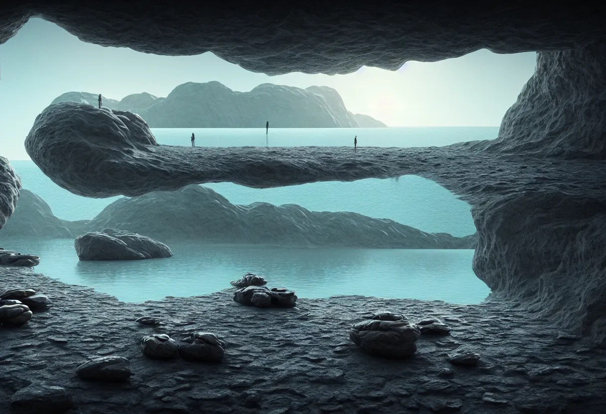 Prompt: inside of alien lake landscape of human mind and imagination, big rocks and pebbles, matte painting, beautiful render, octane render, concept art