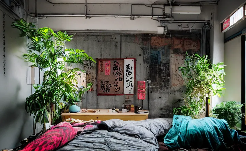 Image similar to maximalist interior of a japanese bedroom, concrete, cyberpunk, japanese neon signs, retro futuristic, old brick walls, bed, cupboards, rough wood, grey, anthracite, turquoise, akihabara style, swedish style, green plants, window with a view of apartment blocks, 8K