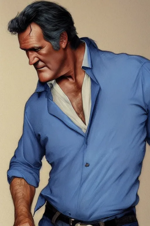 Prompt: Bruce Campbell in a blue bloody shirt with a shoulder strap, innocent, intricate, elegant, highly detailed, digital painting, artstation, concept art, smooth, sharp focus, illustration, art by artgerm and greg rutkowski and alphonse mucha