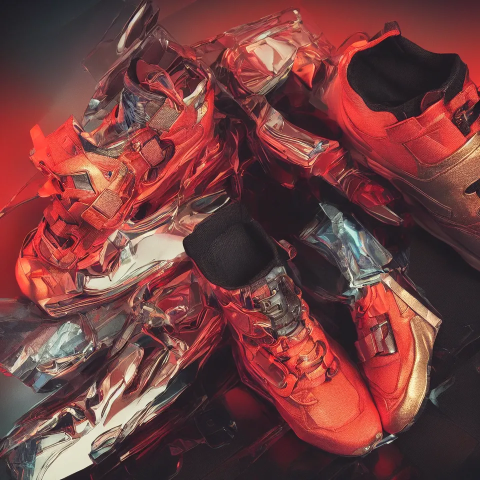 Image similar to realistic 3 d render product shot of a cyberpunk sneaker, beautiful studio lighting, soft, sharp focus, neon cyberpunk highlights, intricate detail, gold and red accents, soft rubber, octane render, wide angle, trending on artstation, deviantart, art by syd mead and issey miyake