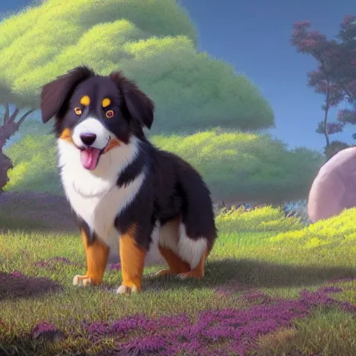 Image similar to a wholesome animation key shot of an australian shepherd, studio ghibli, pixar and disney animation, sharp, rendered in unreal engine 5, anime key art by greg rutkowski, bloom, dramatic lighting