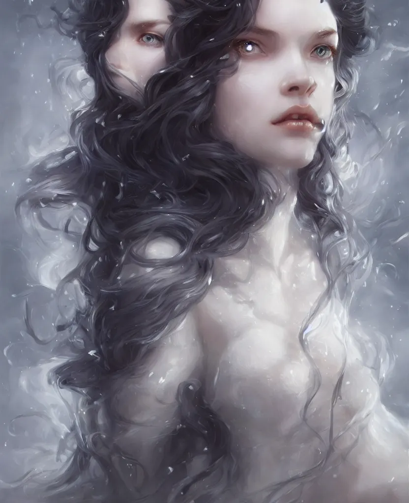 Prompt: ice queen with long dark curly hair, stoic, pale skin, dramatic, epic painting, painted by artgerm and wlop, cgsociety, beautiful, artbreeder, artstation, octane render, sharpness, 8 k, golden ratio