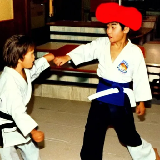 Image similar to the karate kid fighting super mario in a chinese restaurant on the 4 th of july 1 9 8 9