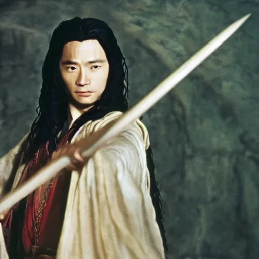 Image similar to a still from “ lord of the rings ” of a head and shoulders portrait of fei lung as a wizard with a wooden staff, betty, photo by phil noto