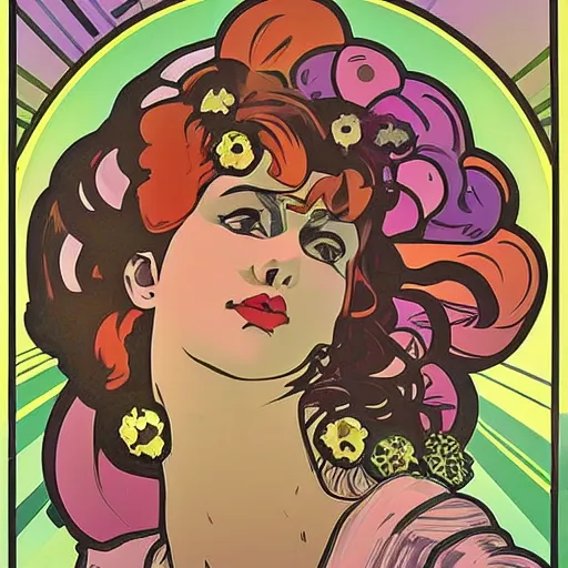 Image similar to balloon pop art in the style of alphonse mucha