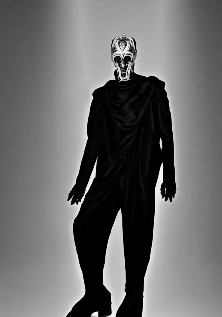 Image similar to a photo of an ancient male model wearing a plain simple designer menswear jacket inspired by h. r. giger designed by alexander mcqueen