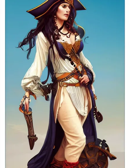 Image similar to fully clothed armed female pirate captain. sun, summer, blue eyes, beauty, wisdom, love, strength, knowledge, smart, portrait, symmetrical, highly detailed, digital painting, artstation, smooth, sharp focus, illustration, strength, art by artgerm and alphonse mucha and louis theophile hingre. 8 k