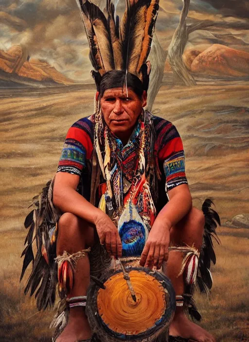 Prompt: a realistic painting of indigenous man sitting next to a shamanic drum, highly detailed, matte painting, fantasy art, ayahuasca
