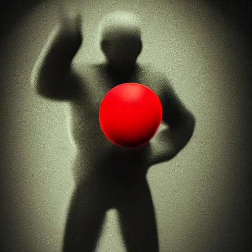 Image similar to man made of smoke in the style of no known artist stands on a red rubber ball, octane render, dramatic lighting, cinematic