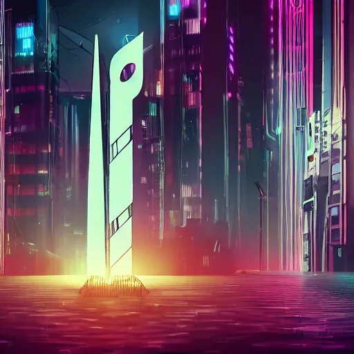 Image similar to A tuning fork from the future, music sheets in the background, cinematic, but in cyberpunk style