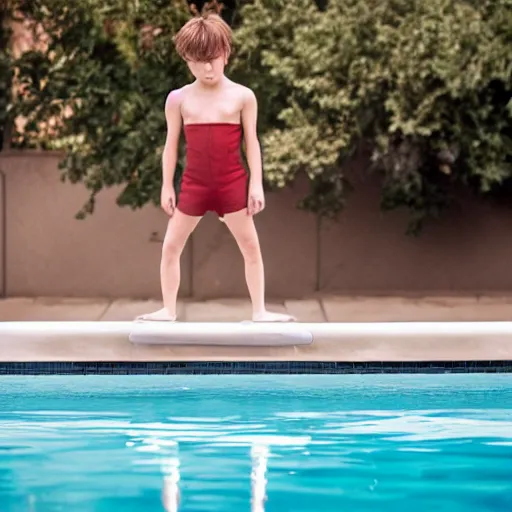 Prompt: young river phoenix standing on a diving board above a pool, red weapon 8 k s 3 5, cooke anamorphic / i lenses, highly detailed, cinematic lighting