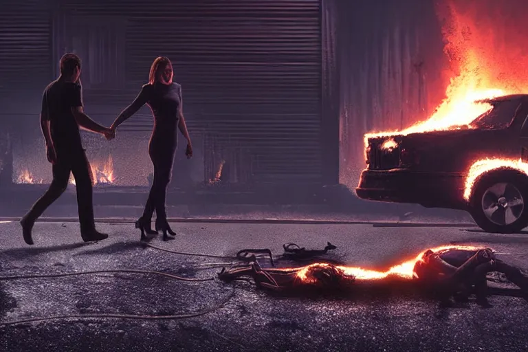 Image similar to vfx film closeup, dead robot couple on the ground holding hands, city street tire tracks fire. flat color profile low - key lighting award winning photography arri alexa cinematography, hyper real photorealistic cinematic atmospheric cool colorgrade