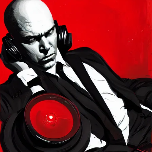 Image similar to a portrait of agent 4 7 laying down listening to music, black background, red rim light, highly detailed, smooth, sharp focus, art by maciej kuciara