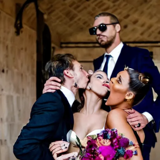 Image similar to two horribly deformed men in suits making out with two attractive blonde women dressed for a wedding party.