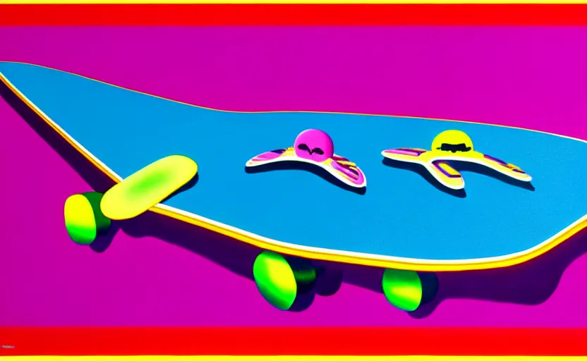 Image similar to flying skate boards by shusei nagaoka, kaws, david rudnick, airbrush on canvas, pastell colours, cell shaded!!!, 8 k
