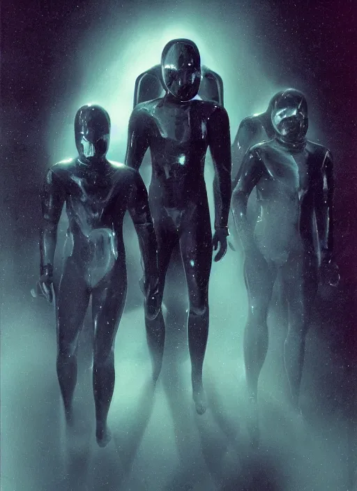 Image similar to astronauts in dark and void underwater - hyperdetailed suit. reflection and dispersion materials. rays and dispersion of light. volumetric light. 5 0 mm, f / 3 2. noise film photo. flash photography. ultra realistic, wide angle. poster by wayne barlowe, hajime sorayama aaron horkey, craig mullins. dark key.