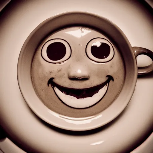 Image similar to a creepy smiling face with open mouth peering out of a teacup, photograph, haunting image