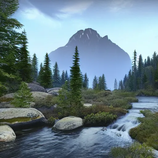 Image similar to « mountain in the background, a river in the middle ground, trees, a bear near a tree, glowing light, photorealistic, unreal engine 5, sharp focus, some rocks in the river, some birds in the sky, and a small woody house on the right far »