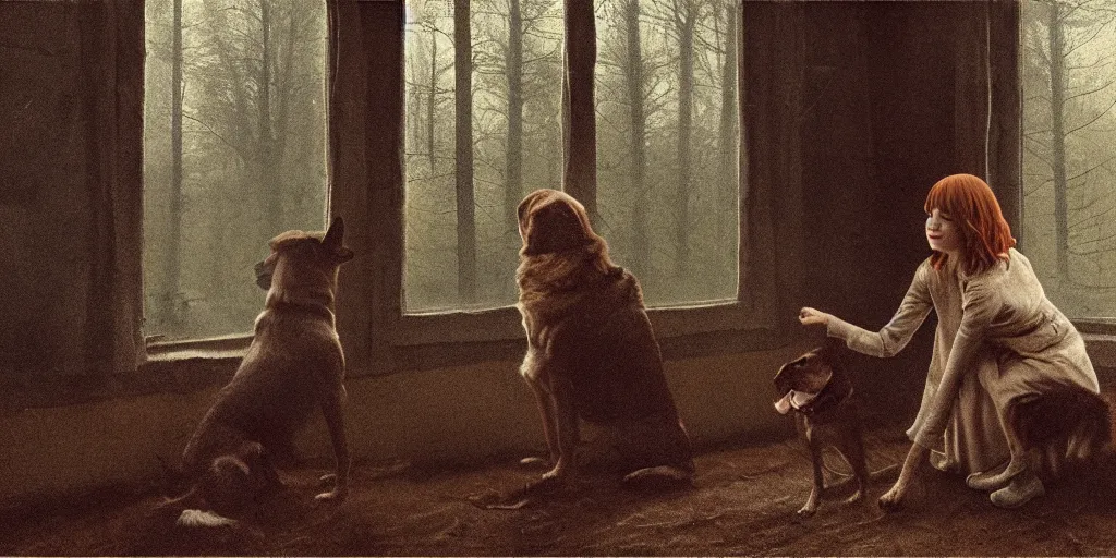 Image similar to portrait bust of emma stone petting a dog, solemn expression, faded color film, russian cinema, tarkovsky, kodachrome, old cabin, next to window, heavy forest outside, long brown hair, old clothing, heavy fog, hudson river school, 4 k, dramatic lighting, greg rutkowski