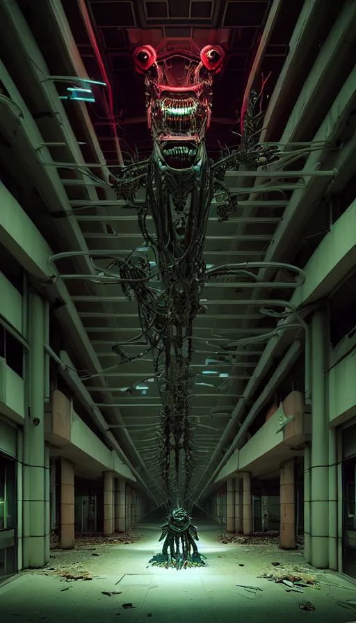 Prompt: biomechanical cybernetic monster creature in the dark abandoned mall, absolutely symmetrical 3 d artwork by simon stalenhag tooth wu ande beeple