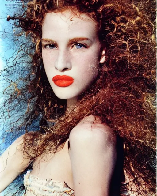 Prompt: a beautiful professional photograph by herb ritts, arthur elgort and ellen von unwerth for vogue and harper's bazaar magazines of a very beautiful lightly freckled and unusually attractive female fashion model