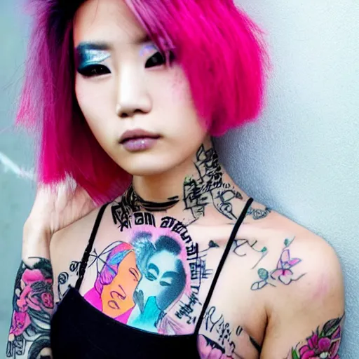 Image similar to punk tattooed asian supermodel with pink hair and a beautiful face with long eyelashes